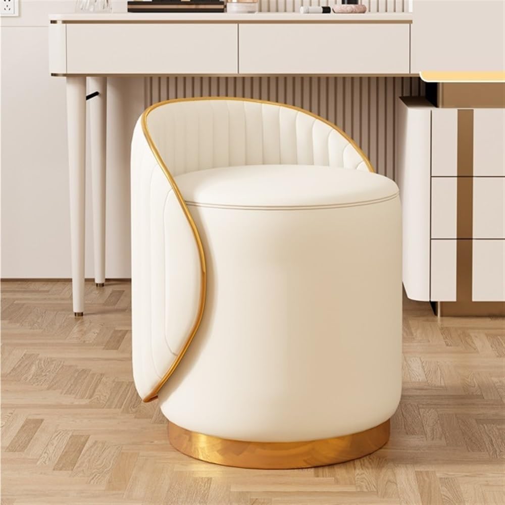 cozykimo	 RKUVPAE 360° Swivel Makeup Chair, Vanity Stool with Gold Base, Leather Ottoman with Backrest, Modern Round Stool for Living Room, Bedroom(Color:White)