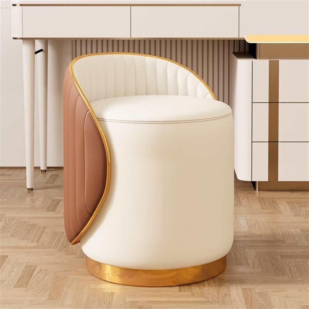 cozykimo	 RKUVPAE 360° Swivel Makeup Chair, Vanity Stool with Gold Base, Leather Ottoman with Backrest, Modern Round Stool for Living Room, Bedroom(Color:Brown)